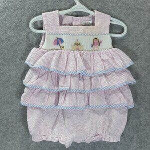 Petit Ami Baby Girls 9M Pink Seersucker Romper Bubble Smocked Beach  Ruffles